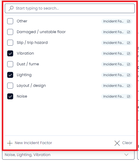 A screenshot of the selection panel that opens when a user clicks on a multi-lookup field. The screenshot is annotated with a red box to highlight the panel. The panel contains similar components to the lookup and user fields discussed earlier. For example: a search bar, list of items, new item button, and clear button. The key difference is that each item contains a checkbox beside it for adding the item to the list.
